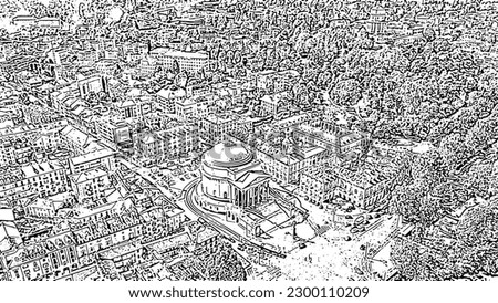 Turin, Italy. Flight over the city. Catholic Parish Church Gran Madre Di Dio. Doodle sketch style. Aerial view