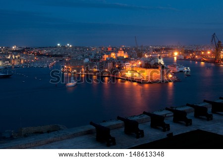 Night look from Valletta towards the three cities, Malta