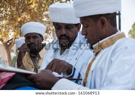 JERUSALEM - OCT 31: Kessim, religious leaders of the Ethiopian Jews, prepare for the Sigd prayers - Oct. 31, 2013 in Jerusalem, Israel. The Sigd is an annual holy day of the Ethiopian Jews.