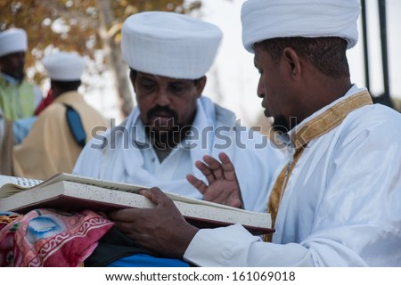 JERUSALEM - OCT 31: Kessim, religious leaders of the Ethiopian Jews, prepare for the Sigd prayers - Oct. 31, 2013 in Jerusalem, Israel. The Sigd is an annual holy day of the Ethiopian Jews.