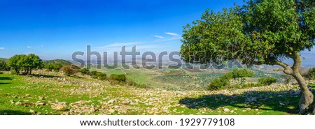 Panoramic view from Mount Evyatar in the Upper Galilee towards the Hula Valley and the Golan Heights. Northern Israel