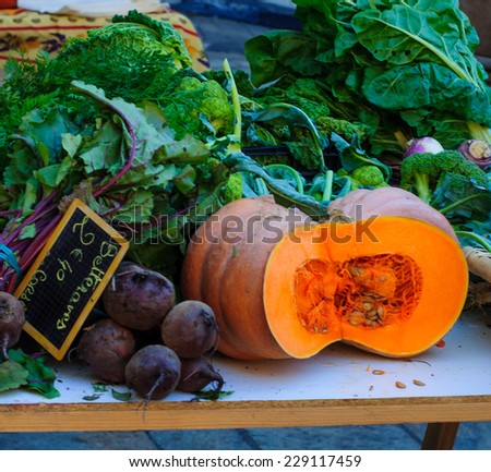 Vegetables on sale in a French market, in place du Marche square, in Bastia, Corsica, France