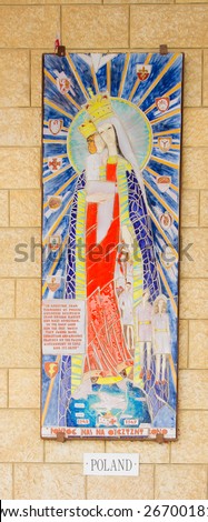 NAZARETH, ISRAEL - APR 05, 2015: A Mosaic donated by the people of Poland, part of a display of donations of many nations, in the Church of Annunciation, in Nazareth, Israel