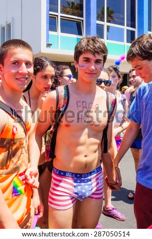 TEL AVIV, ISRAEL - JUNE 12, 2015: Participants in the pride celebration in Tel-Aviv, Israel. Its part of an annual event of the LGBT community