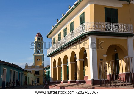 TRINIDAD, CUBA - FEBRUARY 7: Museo Romantico and Iglesia San Francisco on February 7, 2015 in Trinidad. The Brunet museum with a collection of furniture that belonged to the wealthiest local families