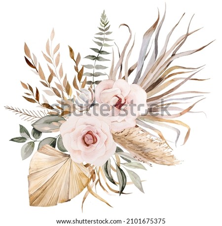 Foto Bild Aquarell böhmischen Blumenstrauß mit getrockneten Blättern und tropischen Blumen Illustration