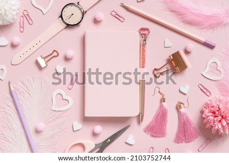 Similar – Foto Bild Hardcover-Notizbuch, Rosa Schule girly Zubehör und Herzen auf Pastell rosa Draufsicht, Mockup