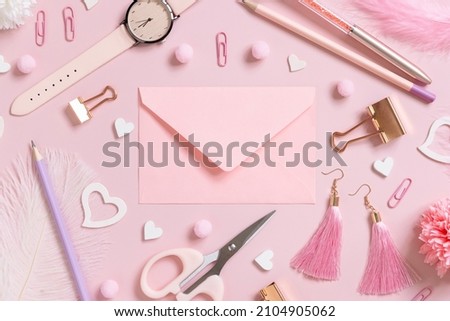 Image, Stock Photo Pink envelope, school girly accessories and hearts on pastel pink top view, mockup