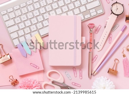 Similar – Foto Bild Hardcover-Notizbuch, Rosa Schule girly Zubehör und Herzen auf Pastell rosa Draufsicht, Mockup