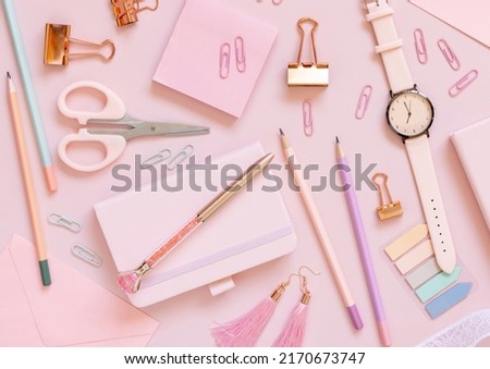 Similar – Image, Stock Photo Pink envelope, school girly accessories and hearts on pastel pink top view, mockup