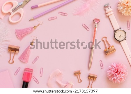 Similar – Image, Stock Photo Pink envelope, school girly accessories and hearts on pastel pink top view, mockup