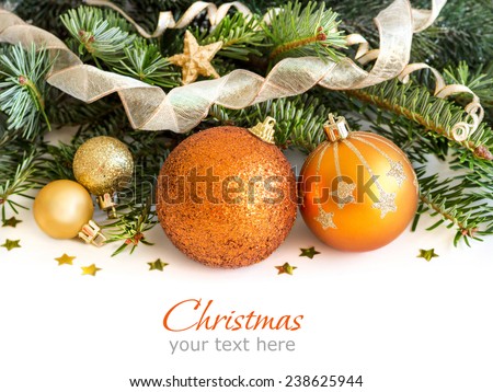 Golden Christmas ornaments border on white background