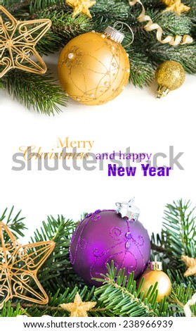 Golden and purple Christmas ornaments border on white background