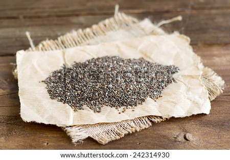 Pile of chia seeds on a rustic background