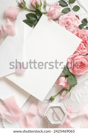 Similar – Image, Stock Photo Blank envelope near pastel pom-poms on light blue top view