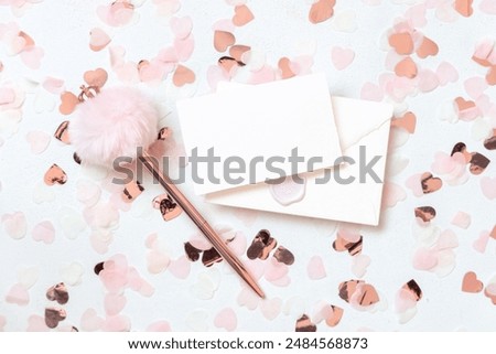 Similar – Image, Stock Photo Pink envelope, school girly accessories and hearts on pastel pink top view, mockup