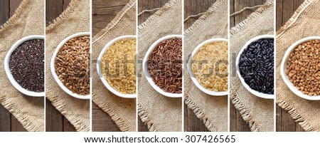 Collage of different cereals in bowls on the burlap