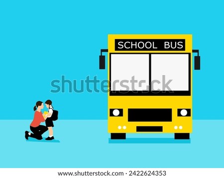 A mother is dropping off her child to catch the school bus.blue background