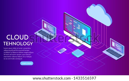 Isometric cloud computing services concept. Vector illustration showing the laptop and web servers. Cloud data storage.. Ultraviolet colors. Abstract tech background