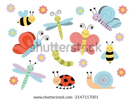 Cute cartoon insects. Funny caterpillar and butterfly, ladybug. Bug insect colorful isolated vector illustration icons set EPS