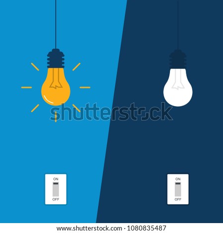 Flat Light Bulbs Turned on and Turned Off with Light Switches on Turquoise Background. Bright Idea Concept. Creative Thinking. 