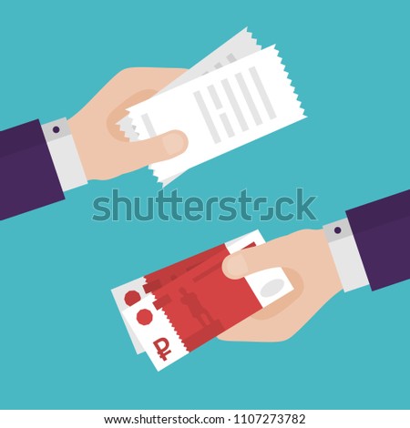 Flat Design of Exchange Tax Receipt and  Russian Rubles. Hand Holding Rubles and Paying Taxes. Business idea concept. Isolated Vector illustration