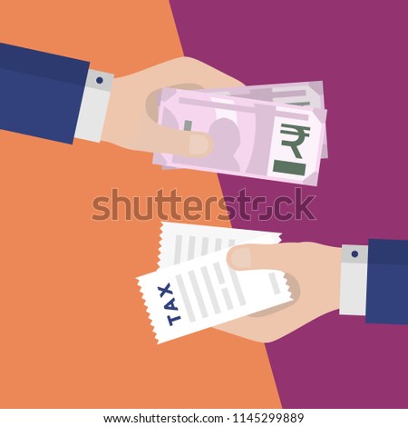 Flat Design of Exchange Tax Receipt and Rupees. Hand Holding  Banknotes and Paying Taxes. Business idea concept. Isolated Vector illustration