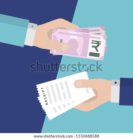 Flat Design of Exchange Receipt and  Euros. Hand Holding Euros and Getting Receipt. Business idea concept. Isolated Vector illustration