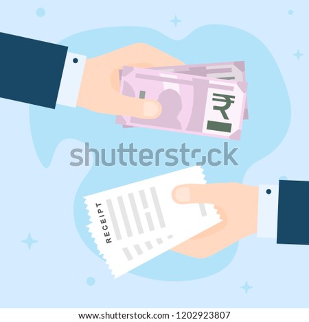 Flat Design of Exchange Receipt and  Receipt. Hand Holding Rupees and Getting Receipt. Business idea concept. Isolated Vector illustration