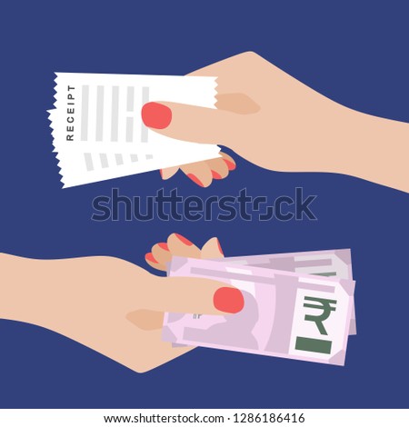 Paying Bills. Women Hand Holding Rupees and Another One Holding Bill Receipt. Receiving money. Transfer of Cash from Hand to Hand.  Financial Giving Concept. Vector Illustration, Flat Style Design