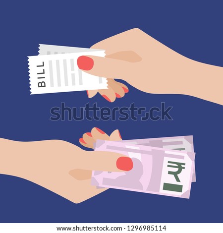 Paying Bills. Women Hand Holding Rupees and Another One Holding Bill Receipt. Receiving money. Transfer of Cash from Hand to Hand.  Financial Giving Concept. Vector Illustration, Flat Style Design