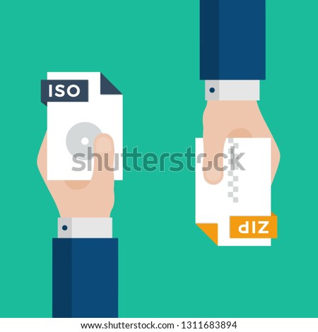 Two Businessmen Hands Exchange Different Types of Files. ISO Convert to ZIP. File Format Conversion. Flat Icons. Vector Illustration