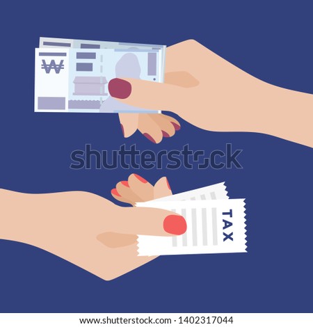 Paying Money. Women Hand Holding Won Banknotes and Another One Holding Tax Receiving money. Transfer of Cash from Hand to Hand. Financial Giving Concept. Vector Illustration, Flat Style Design