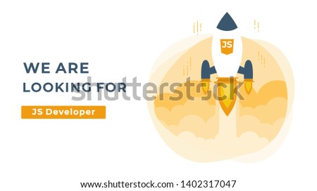 We Are Hiring Vector Concept with Flying Rocket Ship. Startup Project Launching and Looking for a JS Developer Specialist. Business Hiring and Recruiting Concept Flat Style Vector 