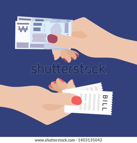 Paying Money. Women Hand Holding Bill and Another One Holding Won Receiving money. Transfer of Cash from Hand to Hand. Financial Giving Concept. Vector Illustration, Flat Style Design