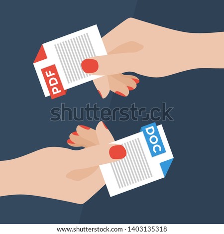 Flat Vector Illustration of Two Women Hands Exchanging File Formats. Hands Converting Different Formats. Convert PDF to DOC. File Format Conversion. Flat Icons
