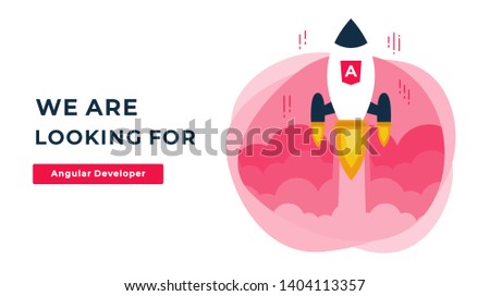 We Are Hiring Vector Concept with Flying Rocket Ship. Startup Project Launching and Looking for an Angular Developer  Specialist. Business Hiring and Recruiting Concept Flat Style Vector 