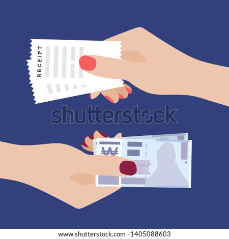 Paying Money. Women Hand Holding Won Banknotes and Another One Holding Receipt Receiving money. Transfer of Cash from Hand to Hand. Financial Giving Concept. Vector Illustration, Flat Style Design