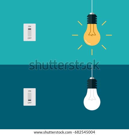 Flat Light Bulbs Turned on and Turned Off with Light Switches on Turquoise Background