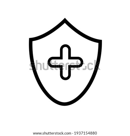 Health shield outline vector icon. Immune defense symbol. Medical element. Healthcare label. Treatment security. First aid. Protection sign. Flat simple line design illustration.