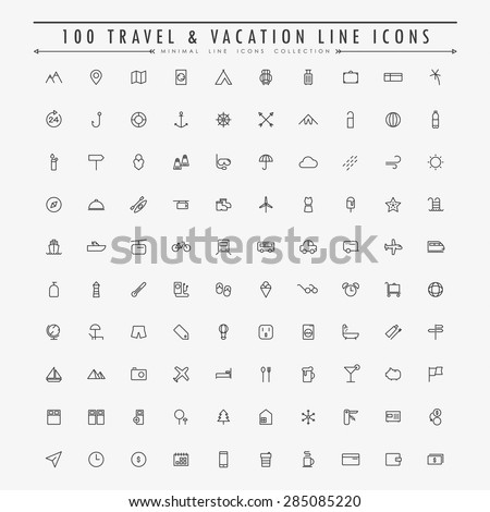 100 travel and vacation minimal line icons collection vector