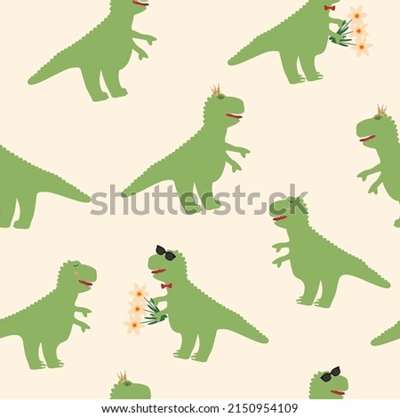 Trendy modern seamless pattern with funny dinosaur. T-rax style.