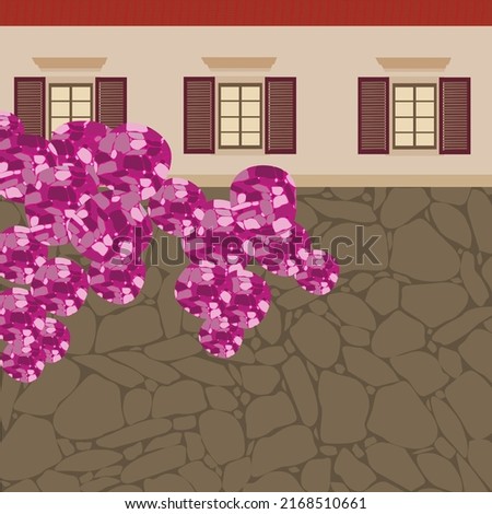 Traditional spanish house with stone wall and blooming bougainvillea. Typical mediterranean house with pink flowers.