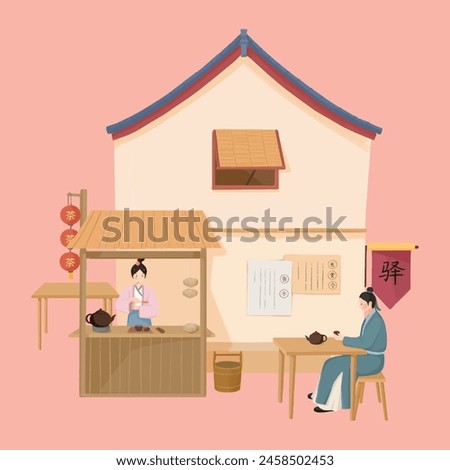 Hand-drawn cartoon ancient accommodation and teahouse
