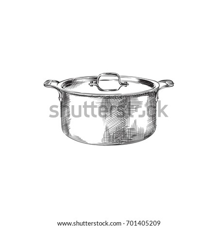 Hand Drawn Saucepan Sketch Symbol. Vector Pot Element In Trendy Style.