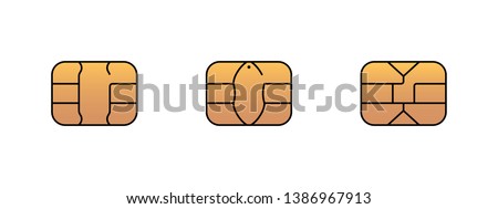 EMV gold chip icon for bank plastic credit or debit charge card. Vector symbol illustration set