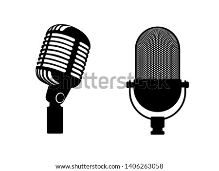 Two retro microphones sign. Silhouette microphone. Music icon, mic. Flat design vector illustration