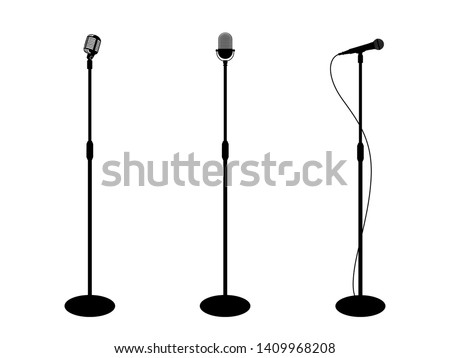 Three microphones on counter. White background. Silhouette microphone. Music icon, mic. Flat design, vector illustration