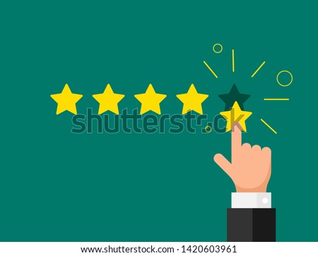 Online feedback reputation quality customer review concept flat style. Businessman hand finger pointing five gold star rating on green background. Vector illustration 商業照片 © 