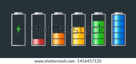 High to low power battery charged energy indicator level set with recharging icon. Empty to full battery indicating red orange yellow blue green cylinder symbols. Vector batteries illustration